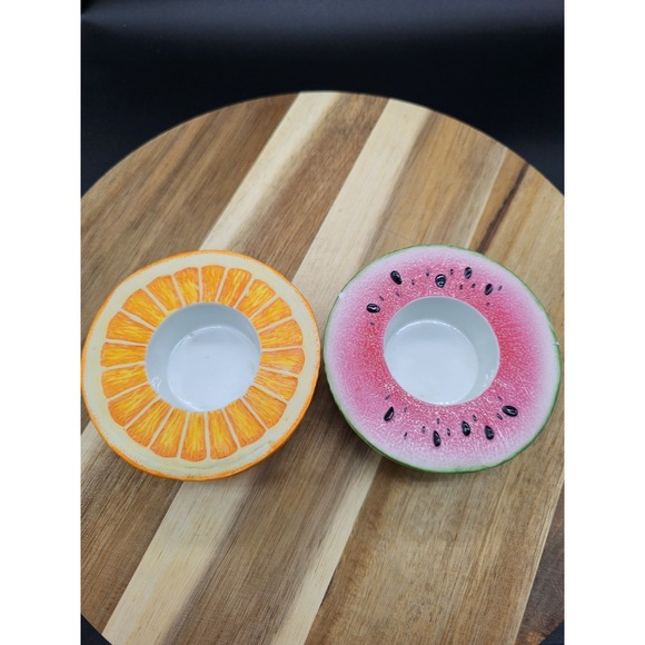 Vintage Pair Of Ceramic Partylite Fruit Votive Candle Holder Orange & Watermelon - Picture 6 of 8